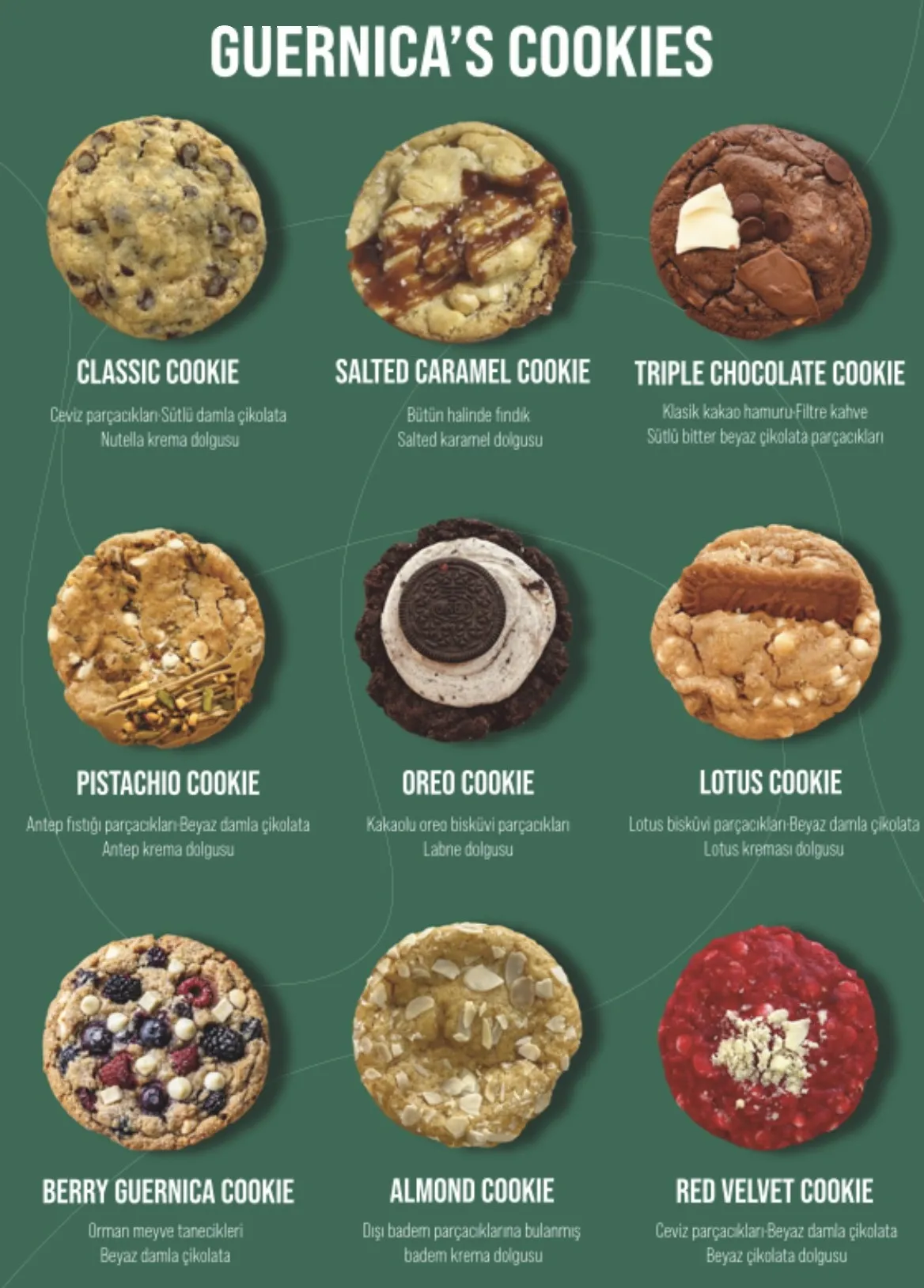 Guernica's Cookies: Classic, Salted Caramel, Triple Chocolate, Pistachio, Oreo, Lotus, Berry Guernica, Almond ve Red Velvet cookie